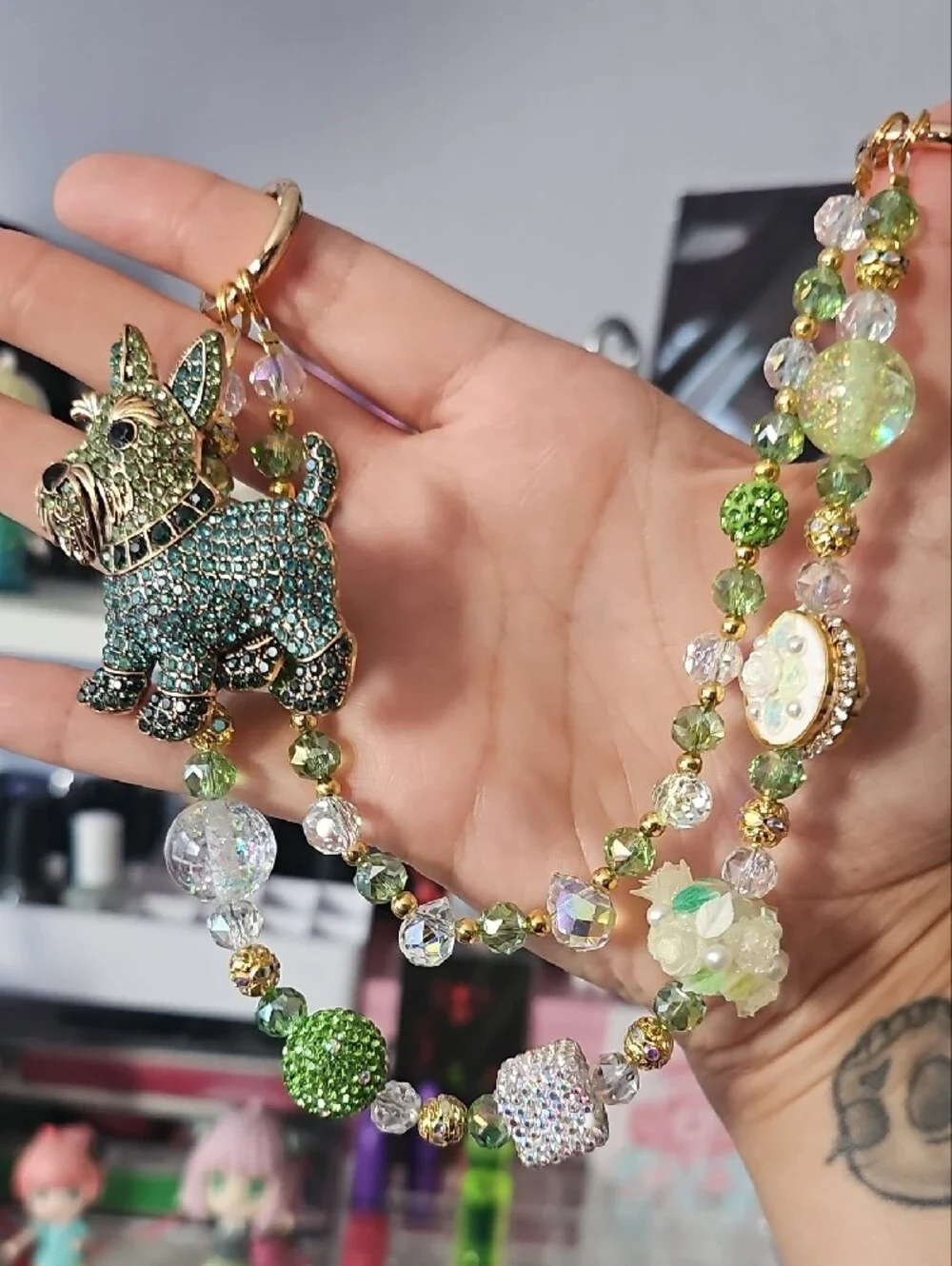 Green Crystal Scottie Dog Purse Charm